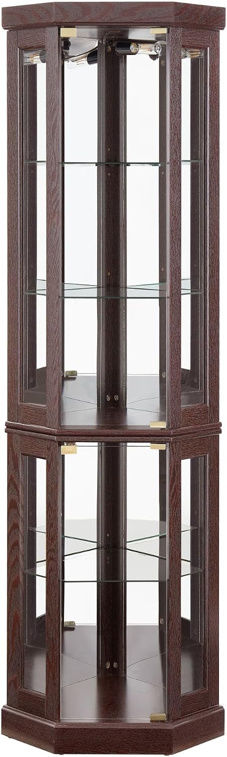 70' Lighted Corner Curio Cabinet, Wood China Display Case with Tempered Glass Doors & Adjustable Shelves, Light Bulb Included, Tall Wine Storage Rack for Bar and Liquor Storage (Dark Cherry)