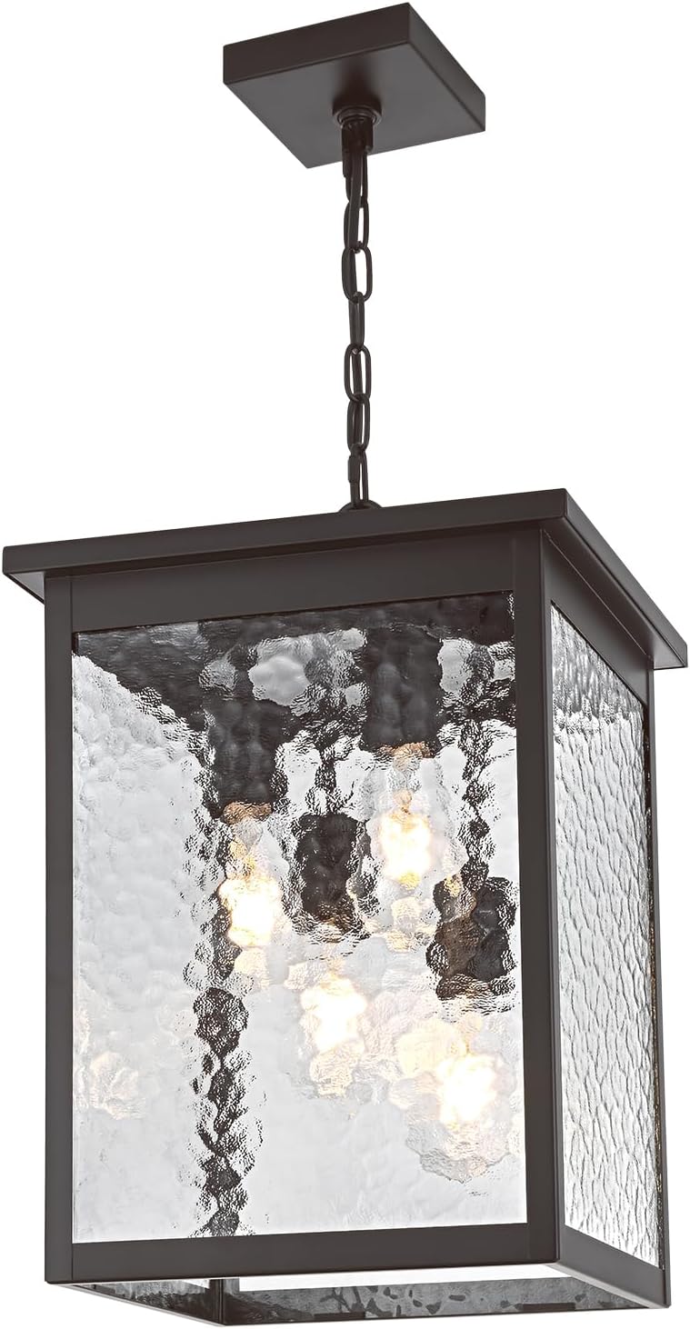 16.7'' Large Outdoor Pendant Light, 4-Lights Oil Rubbed Bronze Exterior Hanging Porch Chandelier Lantern with Hammer Glass, Modern Outdoor Ceiling Light Fixture for Entryway Gazebo Patio