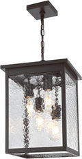 16.7'' Large Outdoor Pendant Light, 4-Lights Oil Rubbed Bronze Exterior Hanging Porch Chandelier Lantern with Hammer Glass, Modern Outdoor Ceiling Light Fixture for Entryway Gazebo Patio