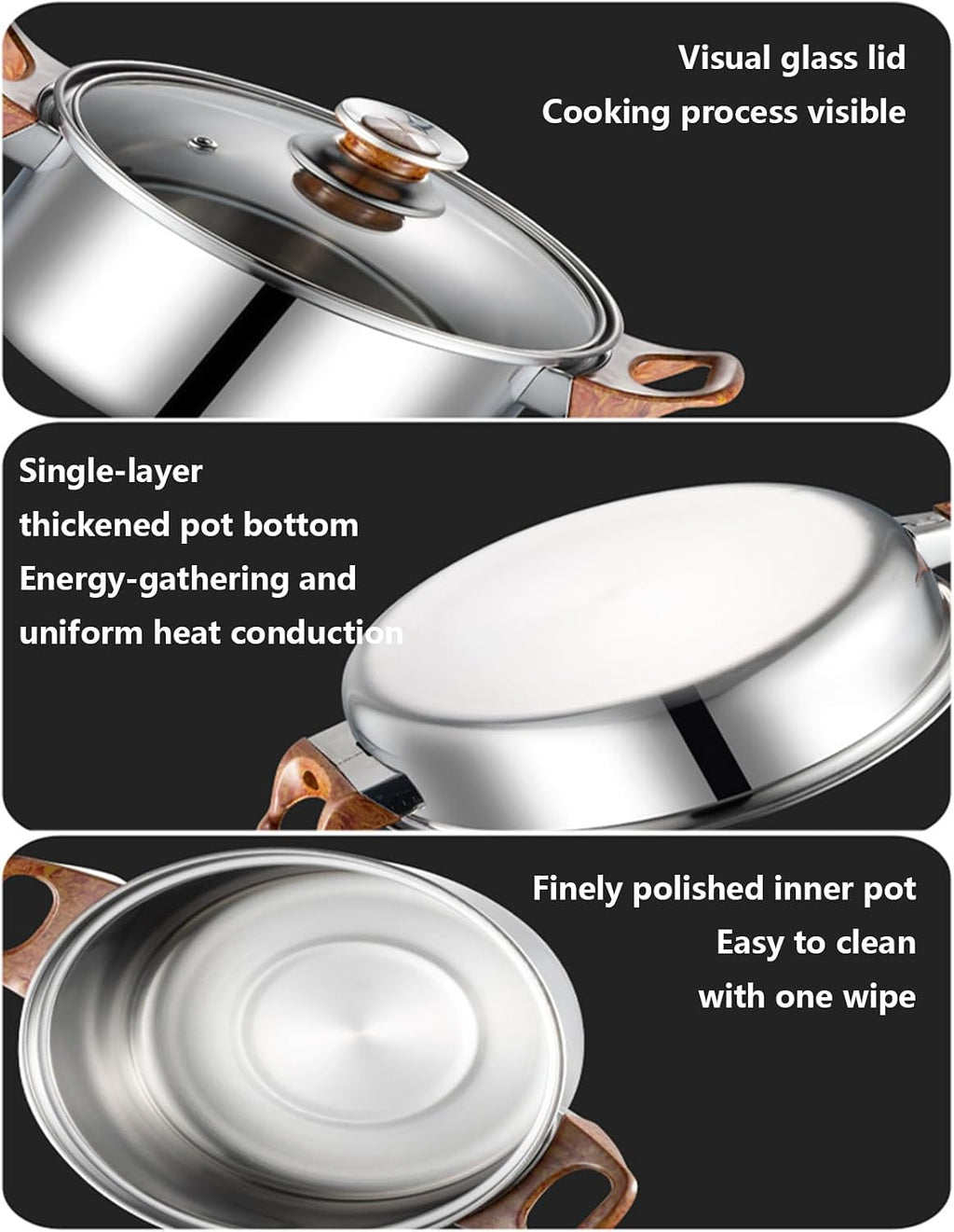 12 Piece Pots And Pans Set Non Stick Stainless Steel with Visual Lid Kitchen Induction Cookware Set with Woodgrain Handles Non-Toxic Professional Cooking Sets Compatible with All Cooktops