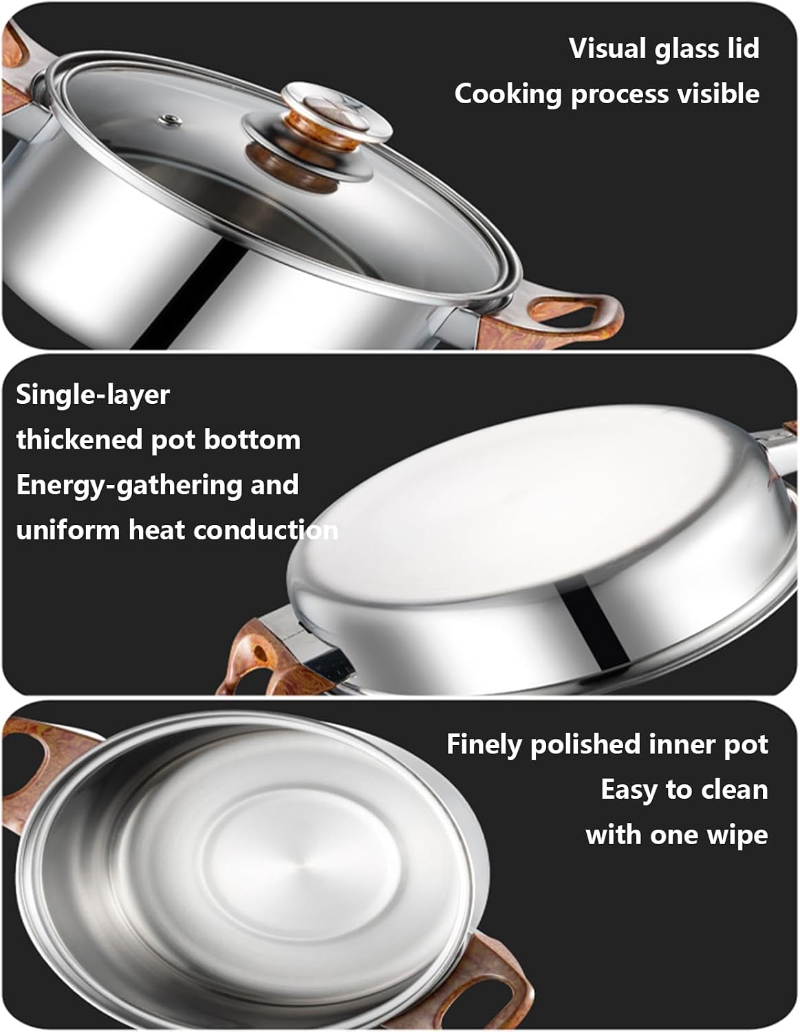 12 Piece Pots And Pans Set Non Stick Stainless Steel with Visual Lid Kitchen Induction Cookware Set with Woodgrain Handles Non-Toxic Professional Cooking Sets Compatible with All Cooktops