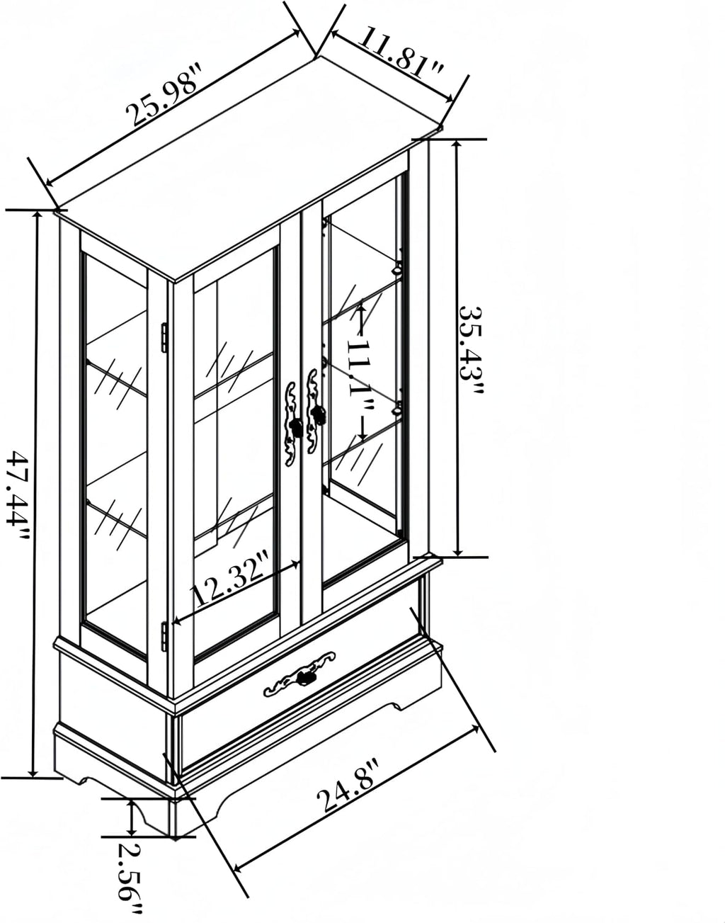 Display Cabinet with Glass Doors Drawer, Lighted Curio Cabinet with Adjustable Glass Shelves and Mirrored Back Panel, Retro Floor Standing Storage Cabinets for Living Room, Black