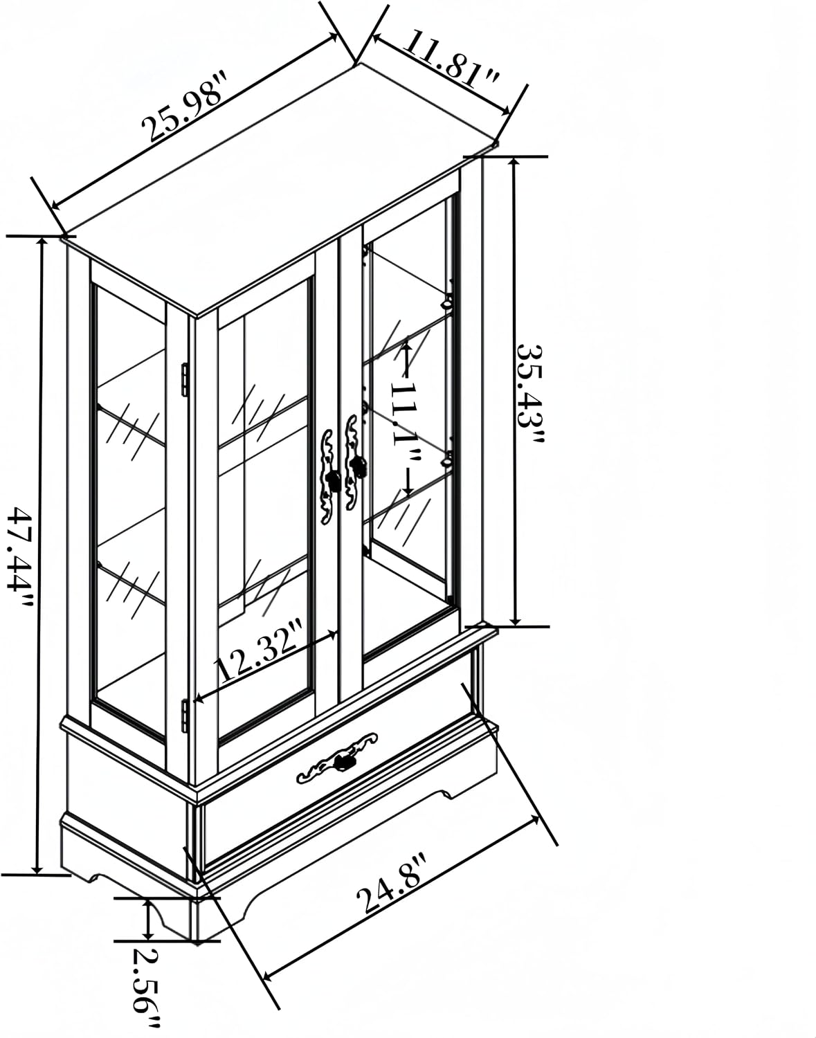 47' H Lighted Curio Cabinet Display Case, Glass Cabinet with Adjustable Shelves,Tempered Glass Door and Drawer, Wooden Curio Cabinet with Mirrored Back Pane for Living Room (Black)