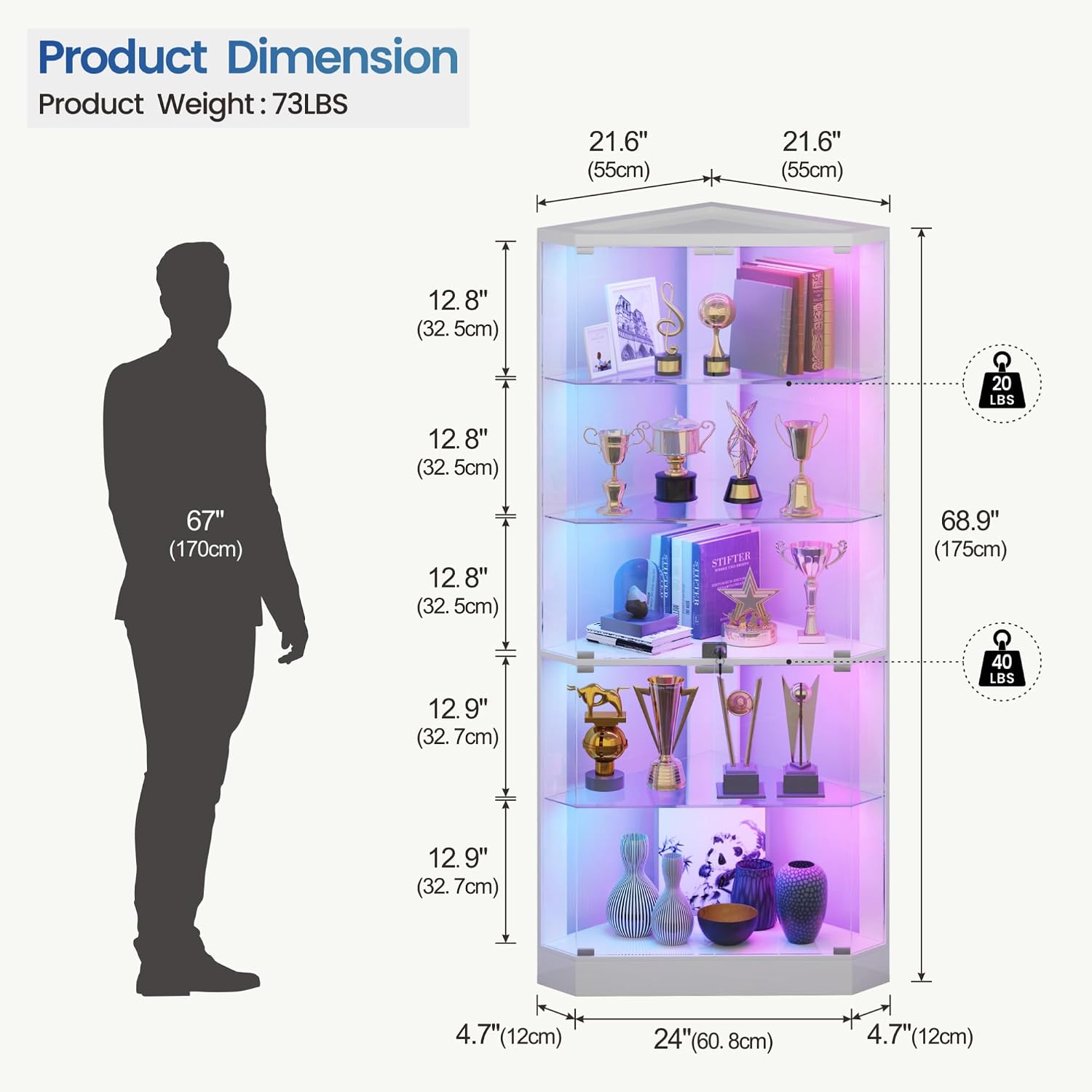 HNEBC Corner Display Case with - RGB Lights and Glass Shelves,5-Tier Corner Curio Cabinet with Glass Doors & Human Body Sensor,69' Showcase Display Cabinet for Collectibles,Living Room(White)