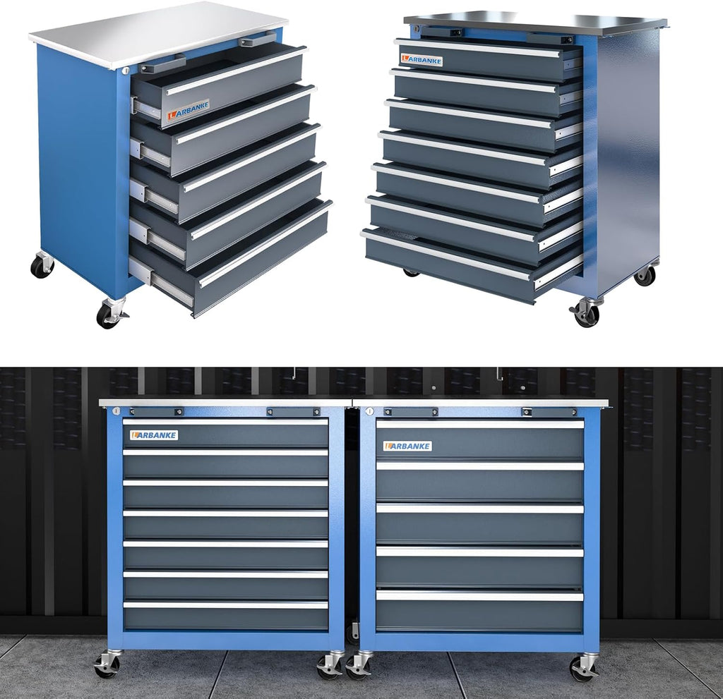 LARBANKE Combination 12-Drawer Tool Chest with Stainless Steel Countertop,7 Drawer 5 Drawer Tool Chest for Connected Use,Locking System Tool Storage Cabinet with Wheels and Padded Feet