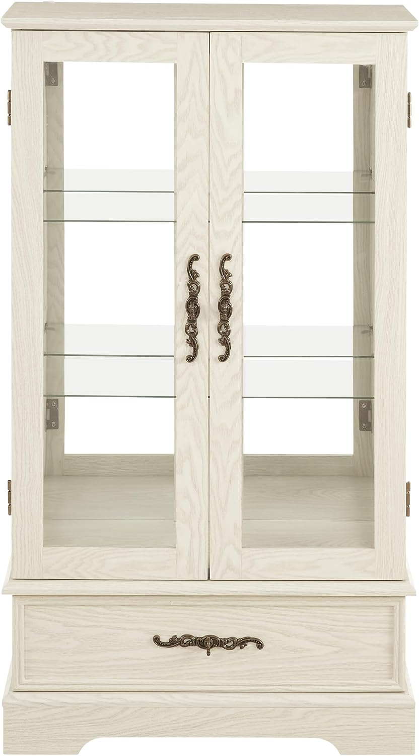 47' H Lighted Curio Cabinet Display Case, Glass Case with Adjustable Shelves,Tempered Glass Door and Drawer, Wooden Curio Cabinet with Mirrored Back Pane for Living Room (Antique White)