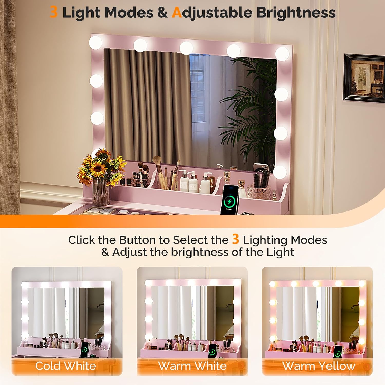 VINGLI Vanity Desk with Mirror and Adjustable Lights, Glass Top Makeup Vanity Table Built-in Power Outlets & Hairdryer Holder, Small Pink Dressing Table w/Hollywood Bulbs, Gifts for Girls, 31.5in