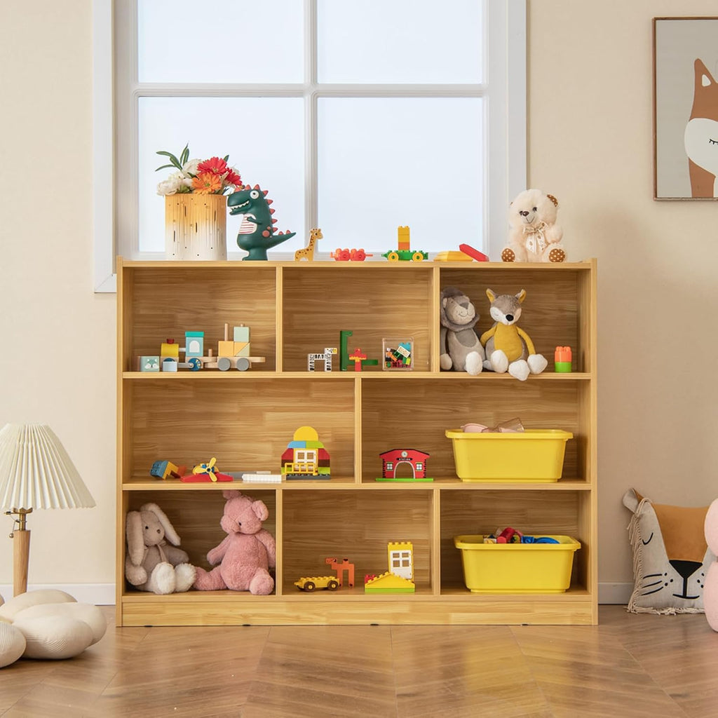 HONEY JOY Kids Toy Storage Organizer, 8-Section Storage Daycare Shelf for Preschool, Children 3-Tier Open Wooden Display Book Shelf Organizer for Classroom, Playroom & Nursery, Kindergarten(Yellow)