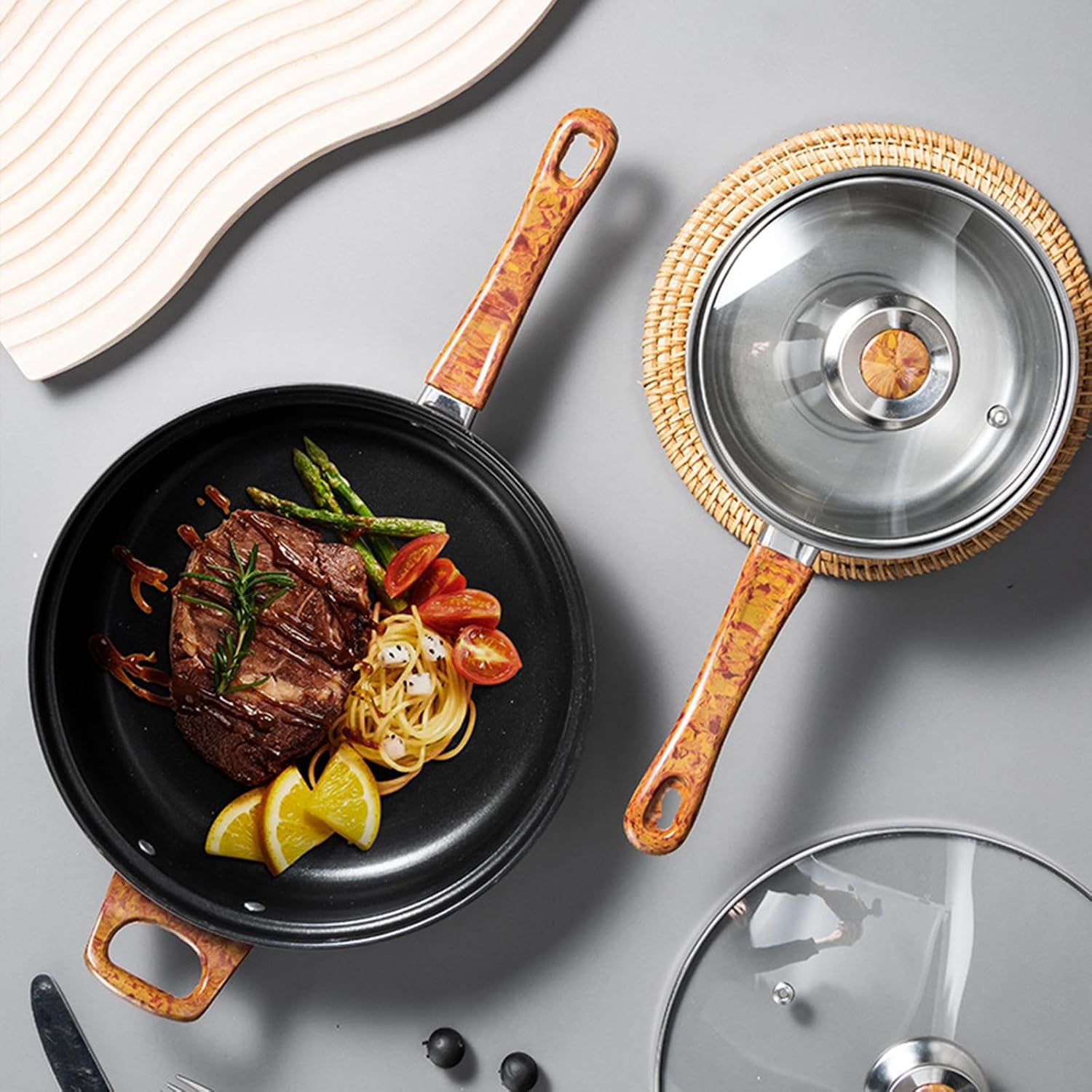 12 Piece Pots And Pans Set Non Stick Stainless Steel with Visual Lid Kitchen Induction Cookware Set with Woodgrain Handles Non-Toxic Professional Cooking Sets Compatible with All Cooktops