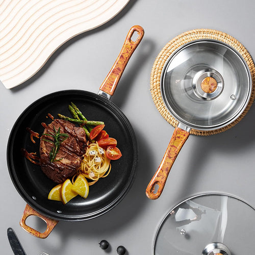 12 Piece Pots And Pans Set Non Stick Stainless Steel with Visual Lid Kitchen Induction Cookware Set with Woodgrain Handles Non-Toxic Professional Cooking Sets Compatible with All Cooktops
