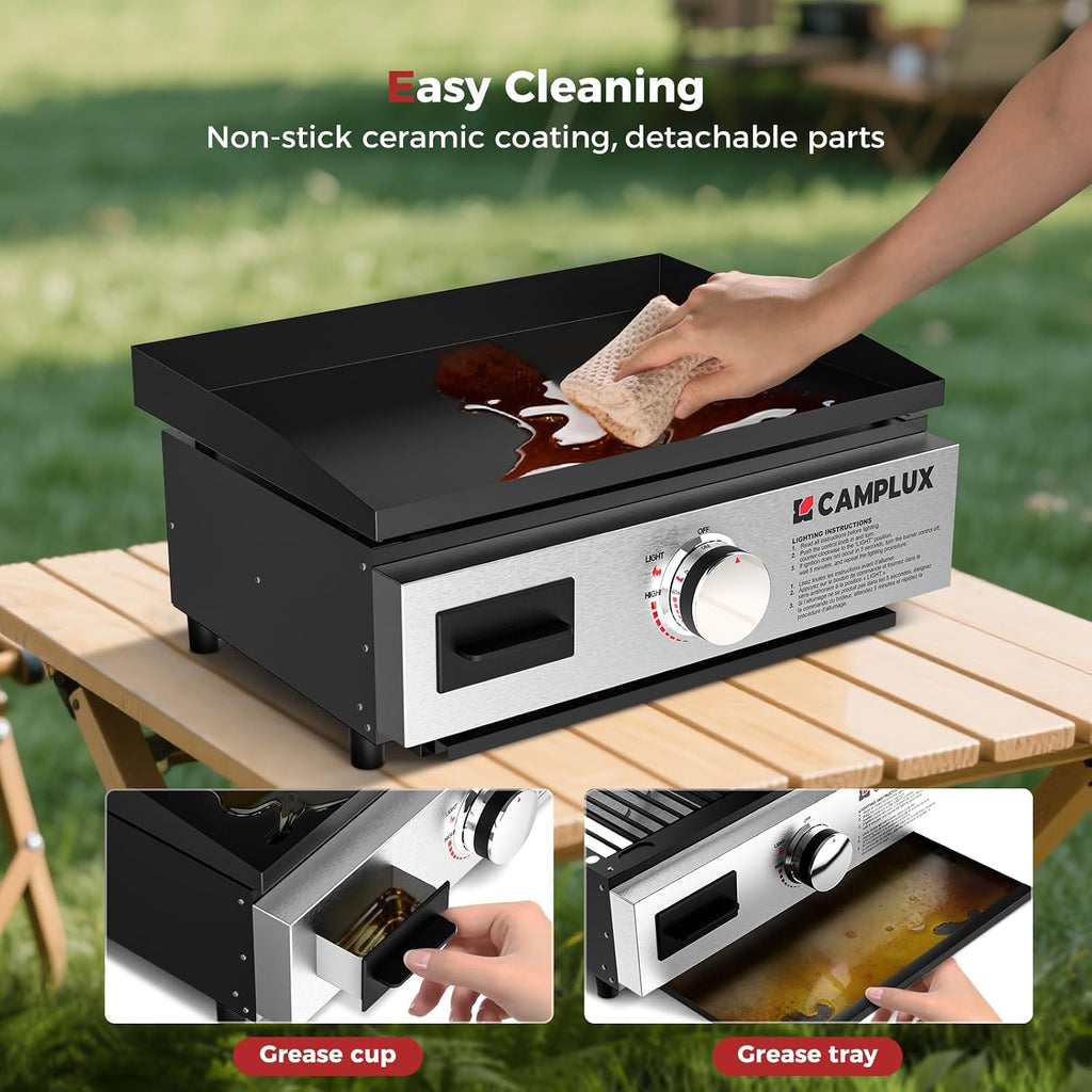 CAMPLUX Propane Griddle Grill 2-in-1 11,000 BTU, Portable Camping Griddle Ceramic Coated, 18-Inch Tabletop Grill with 20 lbs and RV Regulator for BBQ, Camping, RV Picnic and Tailgating