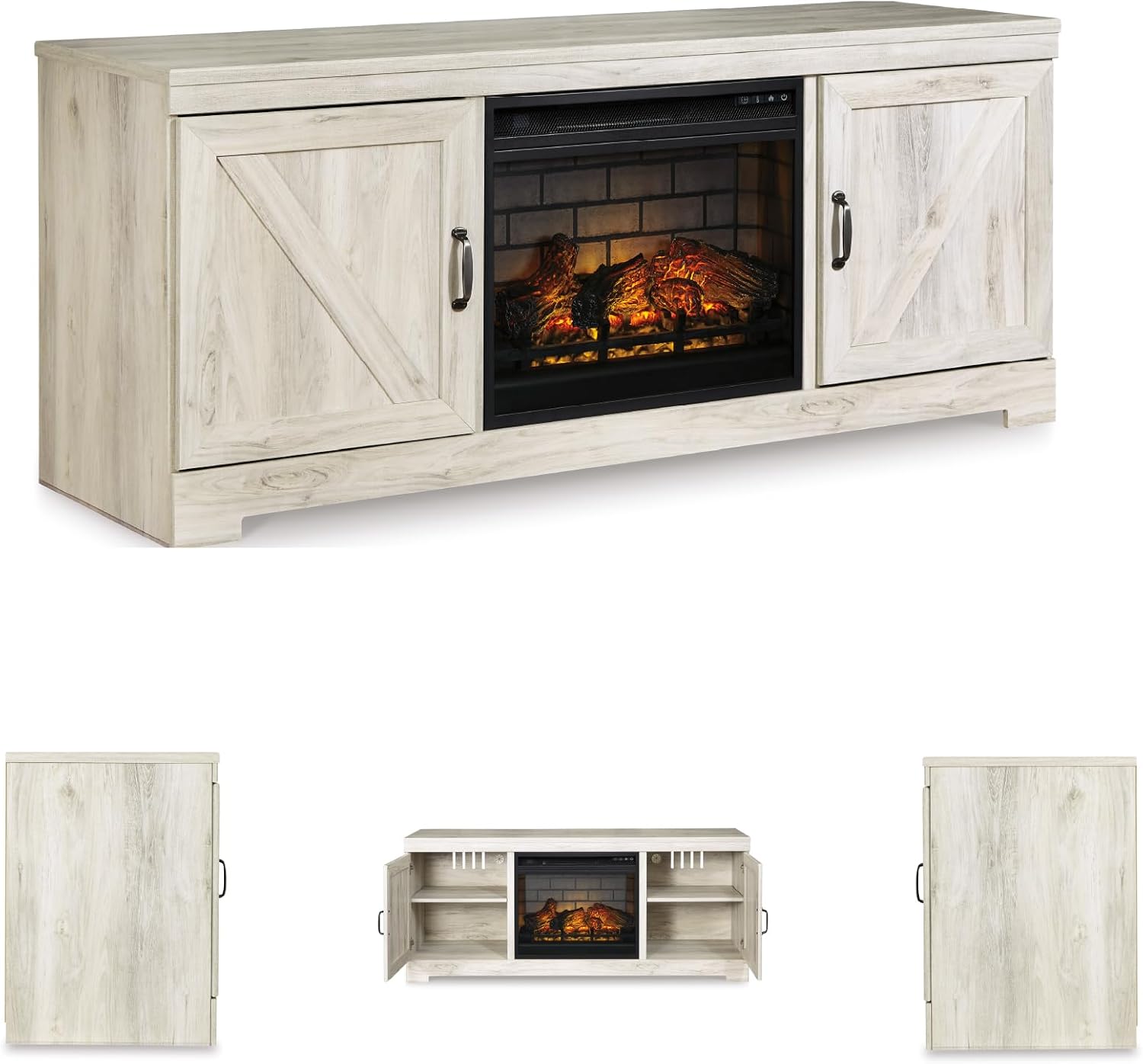 Signature Design by Ashley Bellaby Farmhouse 63' TV Stand with Electric Fireplace for TVs up to 72', Whitewash