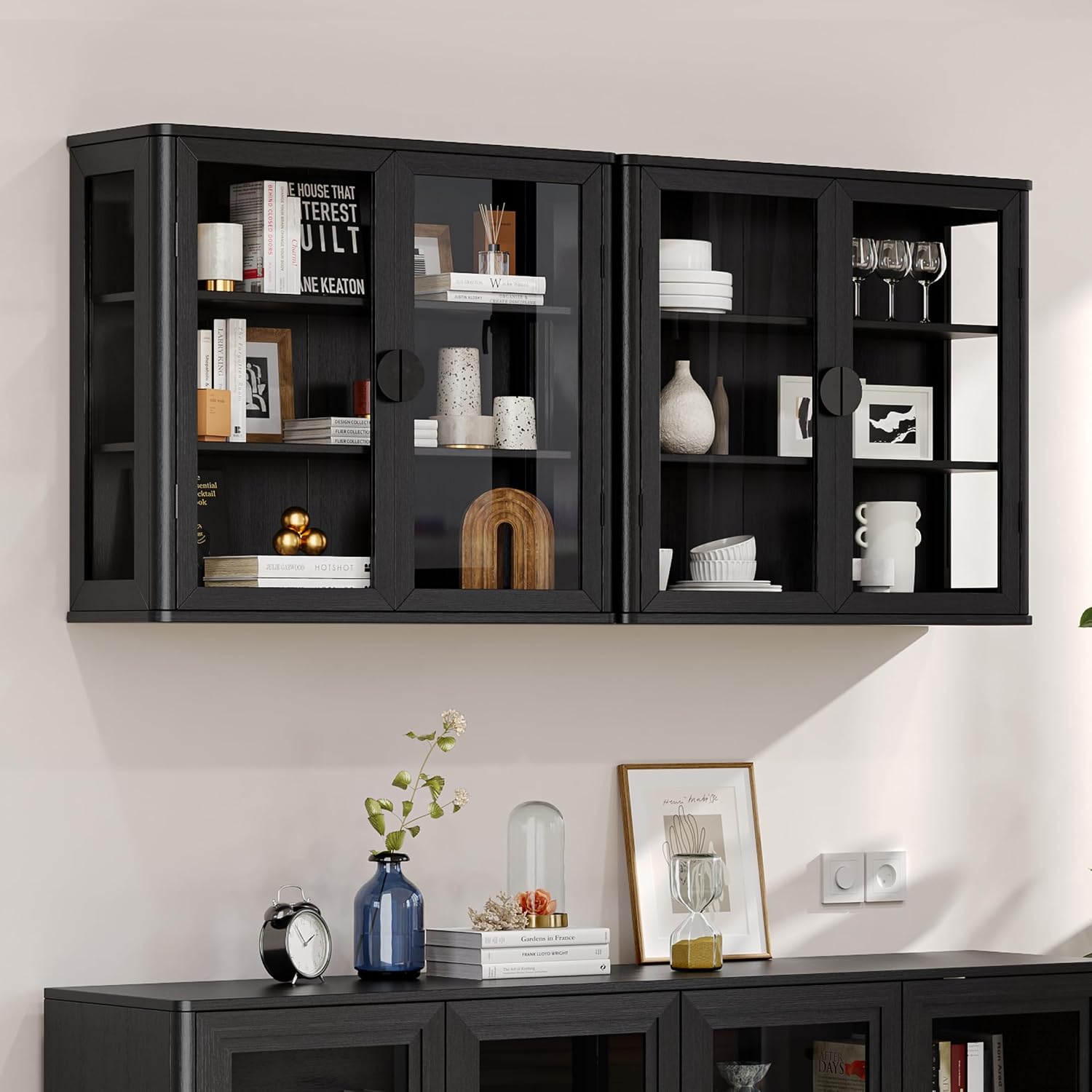NEWOWNDS 56' Black Wall Storage Cabinets,Kitchen Wall Cabinets with Glass Doors,Over The Toilet Storage Cabinets with Tempered Glass, Upper cabinets for Launtry, Kitchen,Bathroom, 28 inch X 2PCS