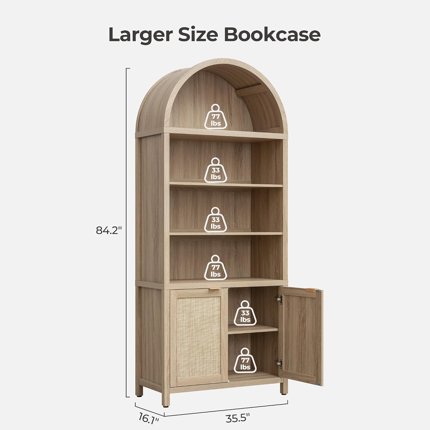 SICOTAS Book Shelf Arched Cabinet Bookshelf Arch 84.2' Tall Bookcase 5 Tier Large Bookshelves with Doors Storage Rattan Boho Wide Book Shelves Case for Living Room Kitchen Office Bedroom Library