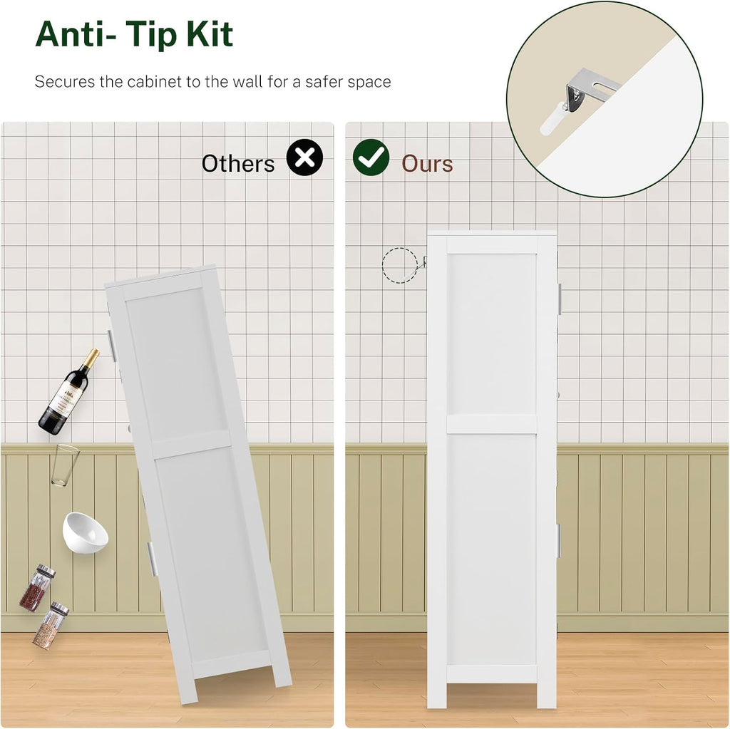 TEENFON Bathroom Storage Cabinet with Adjustable Shelf & Large Drawer, Tall Storage Cabinet with 4 Doors, Kitchen Pantry Storage Cabinets, for Living Room, Dining Room, Home Office, Entryway, White
