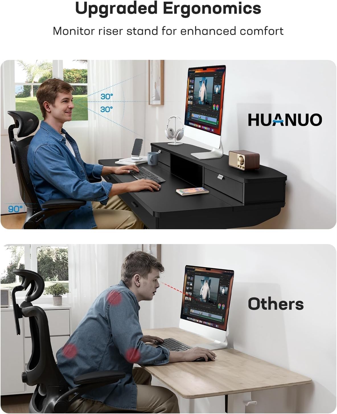 HUANUO 55 x 30 inch Standing Desk with Wood Drawers,Electric Stand up Home Office Desk Adjustable Height with Two Tiers, Black Ergonomic Stand up Desk with Monitor Stand