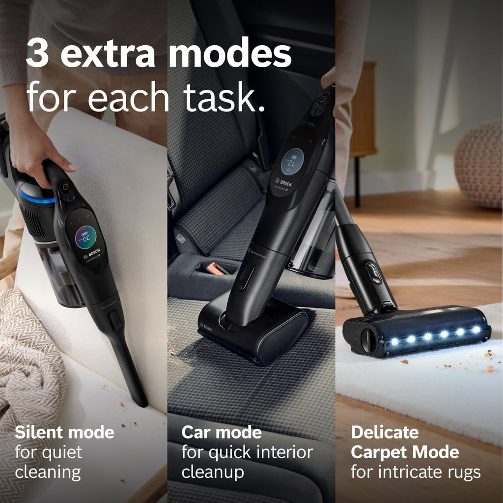 Bosch Unlimited 10 Cordless Stick Vacuum Cleaner - Up to 80 Min Battery, Fast Charger, Pet Hair, Hard Floors and Carpets, HEPA Filter, MicroClean Brush, Bendable Tube, 6 Accessories, Black
