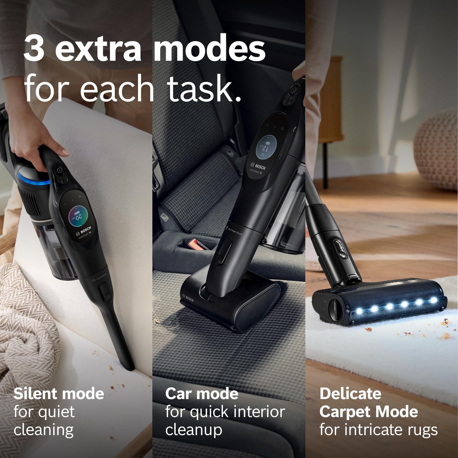 Bosch Unlimited 10 Cordless Stick Vacuum Cleaner - Up to 80 Min Battery, Fast Charger, Pet Hair, Hard Floors and Carpets, HEPA Filter, MicroClean Brush, Bendable Tube, 6 Accessories, Black