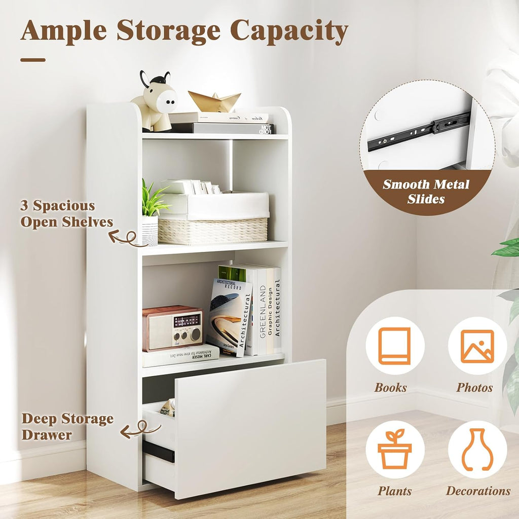 Giantex Bookshelf with Drawer Set of 2, 3-Tier 41.5' Tall Bookcase with Open Shelf, 2 Anti-Tipping Kits, Freestanding Storage Cabinet Display Shelf for Living Room, Bedroom, Office, White