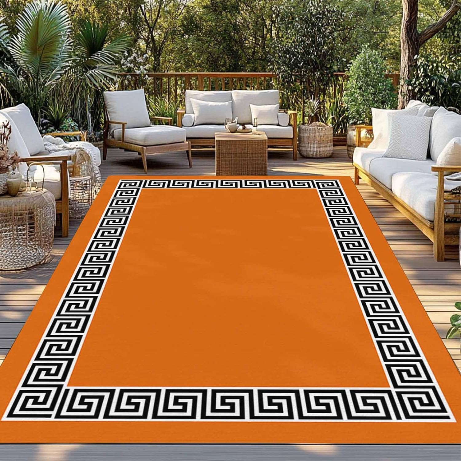 Outdoor Rug 4x6ft Black Simple Geometric Lines Border Patio Area Rugs Waterproof Easy Cleaning Non Shedding Thick Mats Orange Carpet for Indoor Outdoor Porch Deck Backyard Balcony