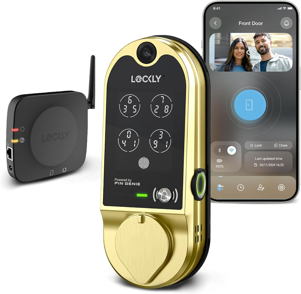 Lockly Vision Smart Lock with HD Video Doorbell, Fingerprint Door Lock for Front Door, Touchscreen Keypad, App Control, Auto Lock, No Monthly Fee - Brushed Gold