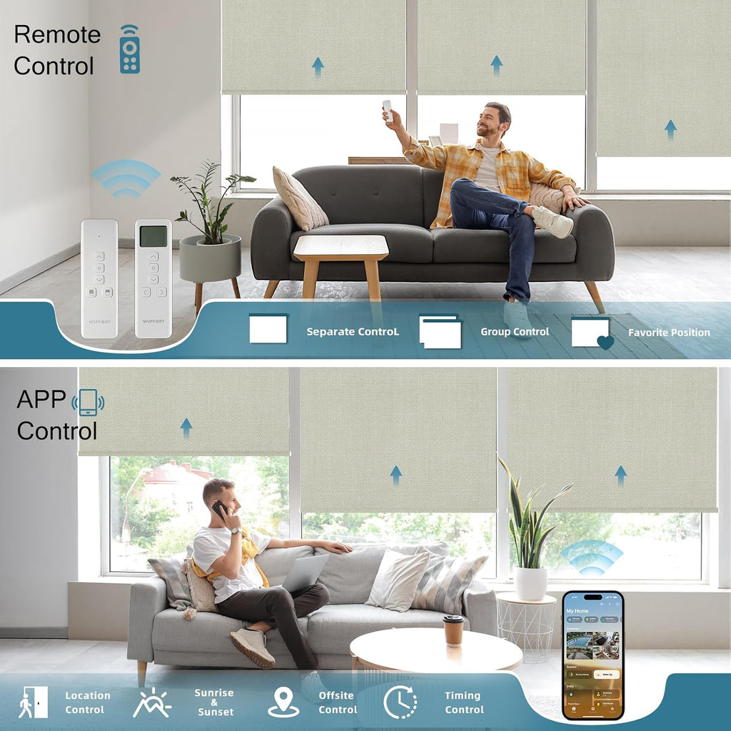 Motorized Roller Shade, 100% Blackout Smart Window Blinds Work with Homekit, Alexa, Google Home, Remote Control, Electric Blinds with USB/Solar Pannel Charging, Gentle Cream