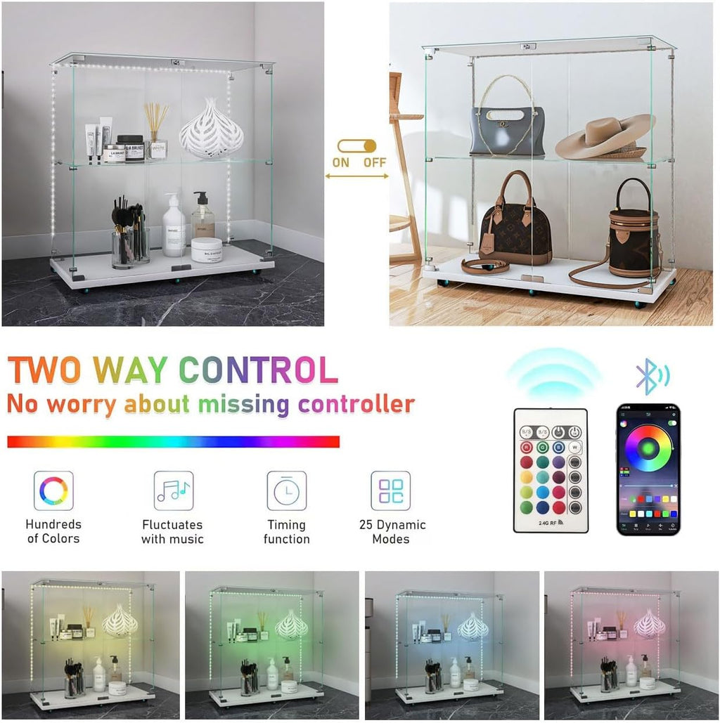 34.17' Tall Tempered Glass Display Cabinet with LED Lights&Rolling Wheels, Curio Cabinet with 2 Shelves with 2 Door, Quick-Install Style Floor Standing Bookshelf File Cabinet for Living Room Office