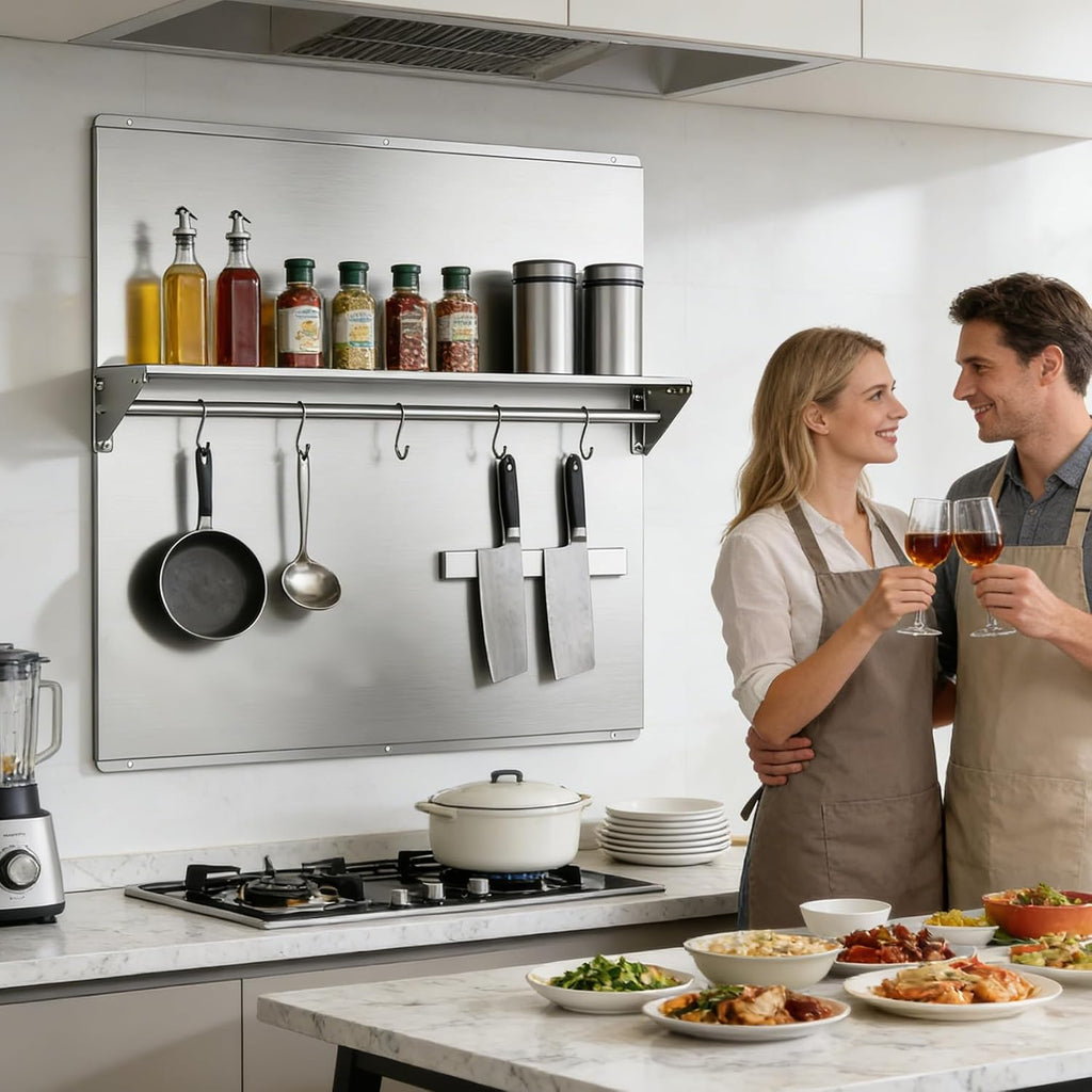 Range Backsplash – 30'x30' 304 Stainless Steel Backsplash with Storage Shelf & Magnetic Knife Holder, Stove Backsplash for Kitchen Wall Protection, Pre-Drilled Holes for Easy Installation & Easy Clean