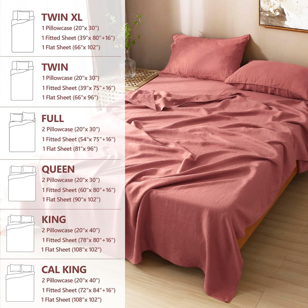 S VICTORY SYMBOL 100% Organic Linen Sheets Set Queen Size,Washed French Flax Bed Sheets 4Pcs(2 Pillowcases,1 Fitted Sheet,1 Flat Sheet) Clay