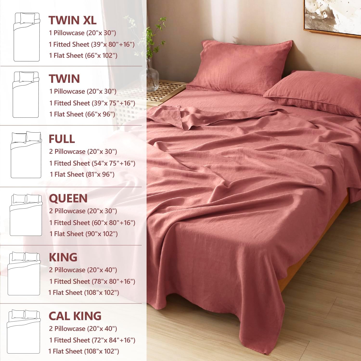 S VICTORY SYMBOL 100% Organic Linen Sheets Set Queen Size,Washed French Flax Bed Sheets 4Pcs(2 Pillowcases,1 Fitted Sheet,1 Flat Sheet) Clay
