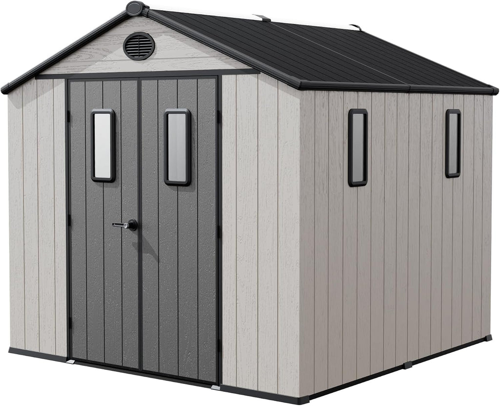 8 x 8 FT Plastic Outdoor Storage Shed with Floor,Garden Resin Shed with Window and Lockable Door, Outside Sheds for Bike, Garbage Can, Tool