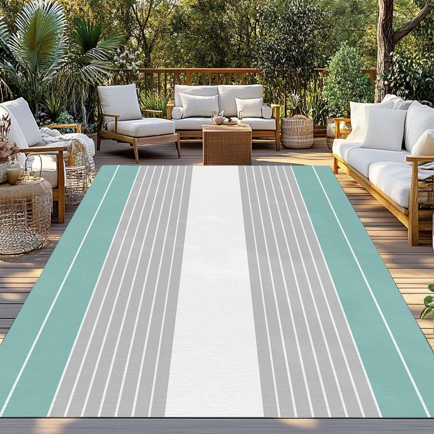 Outdoor Rug 4x6ft Turquoise Grey Striped Line Patio Area Rugs Waterproof Easy Cleaning Non Shedding Thick Mats Carpet for Indoor Outdoor Porch Deck Backyard Balcony
