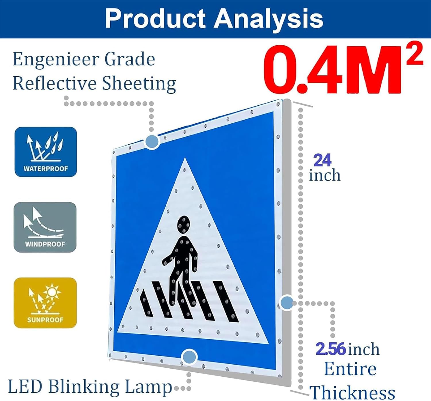 Outdoor Solar Lights for Gardens, Solar LED Flashing Lights for Pedestrian crossings and Accessories, Road Safety Signs for Pedestrian crossings 24in