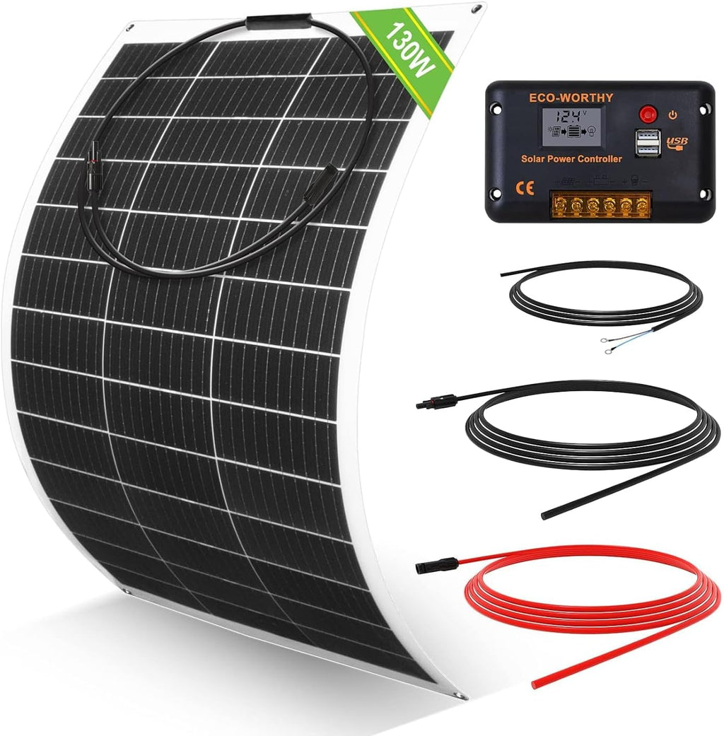 ECO-WORTHY 130Watt 12Volt Flexible Solar Panel Kit for Off Grid Home RV, Boat and Uneven Surfaces:1pcs 130W Mono Solar Panel + 30A 12V Charger Controller + Solar Cable + Tray Cable + Y Branch