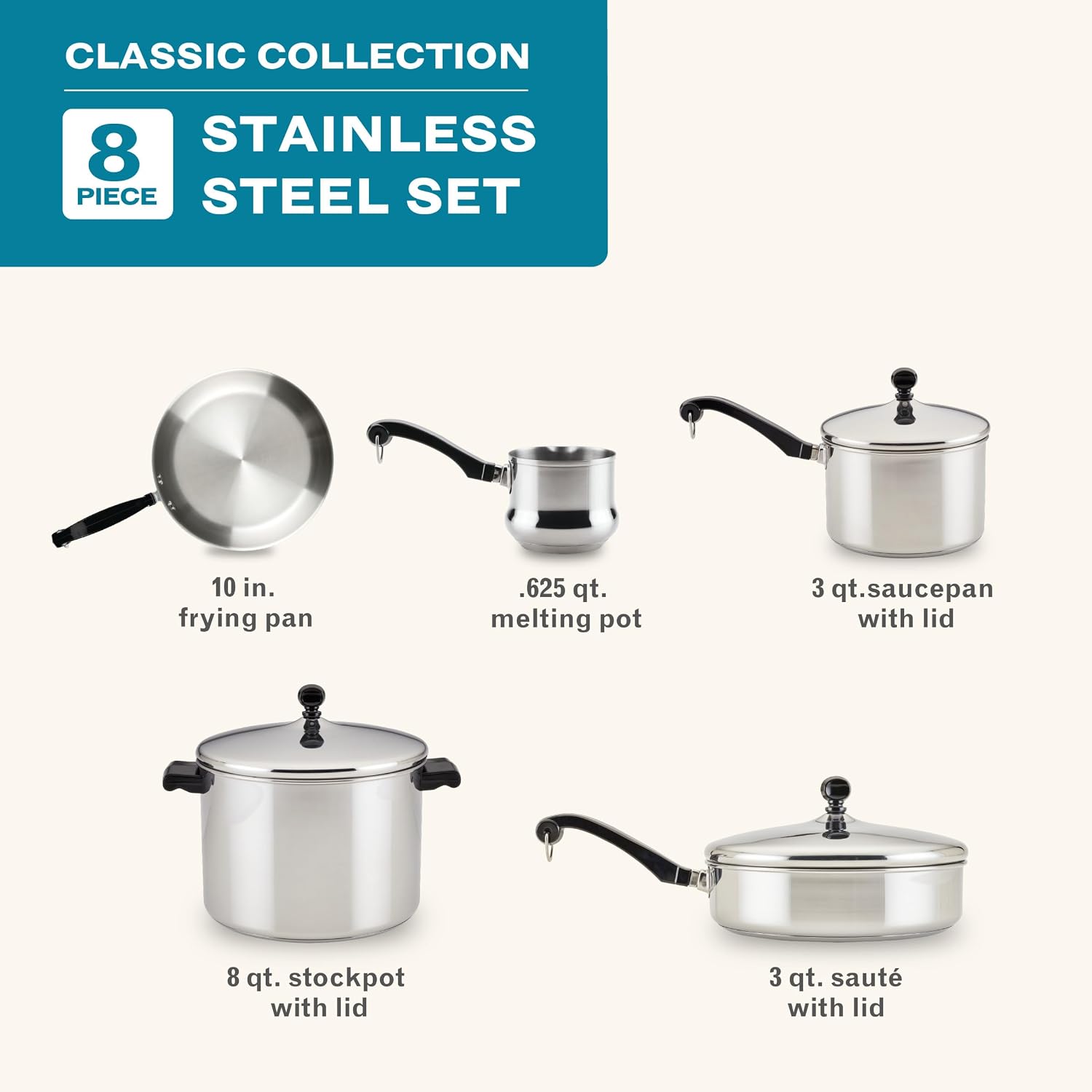 Farberware Classic Series Anniversary Edition Cookware Set, 8-Piece, Stainless Steel Pot and Pan Set