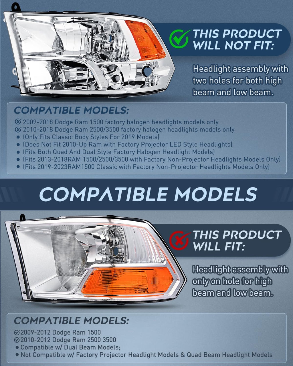 Nilight Headlight and Taillight Assembly Combo Compatible with 2009 2010 2011 2012 2013 2014 2015 2016 2017 2018 Dodge Ram for Quad Models Chrome Housing Amber Reflector with Red Housing Tail Light