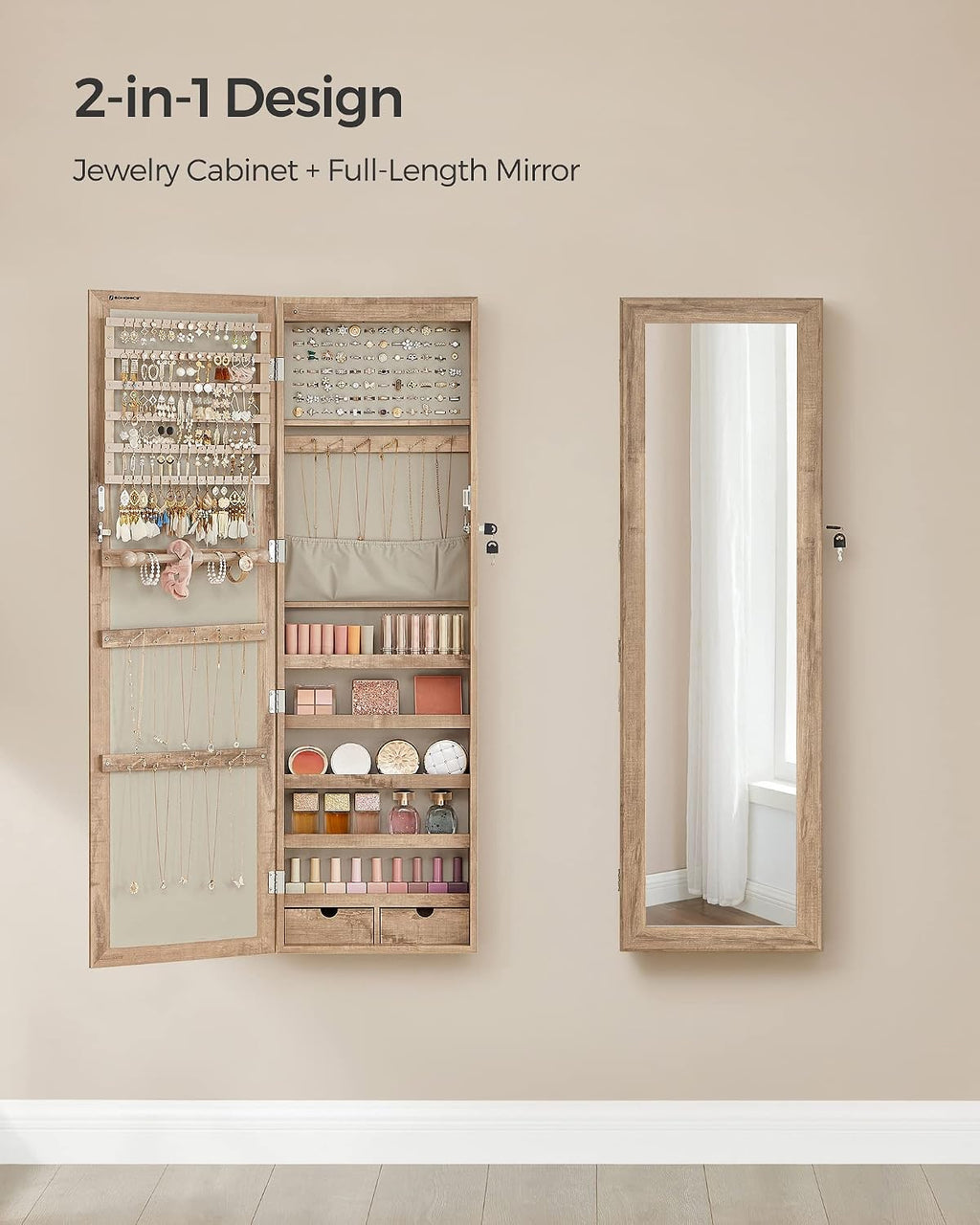 SONGMICS 6 LEDs Mirror Jewelry Cabinet, 47.2-Inch Tall Lockable Wall or Door Mounted Jewelry Armoire Organizer with Mirror, 2 Drawers, 3.9 x 14.6 x 47.2 Inches, Toasted Oak Color UJJC093N01