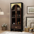 Carved Storage Cabinet with 2 Glass Doors & Drawer, Pooja Mandir with 3-Tier Shelves, Gold Accents, Decorative Cabinet Display Cabinets for Living Room Black and Brown(31.5'W x 15.7'D x 70.9'H)