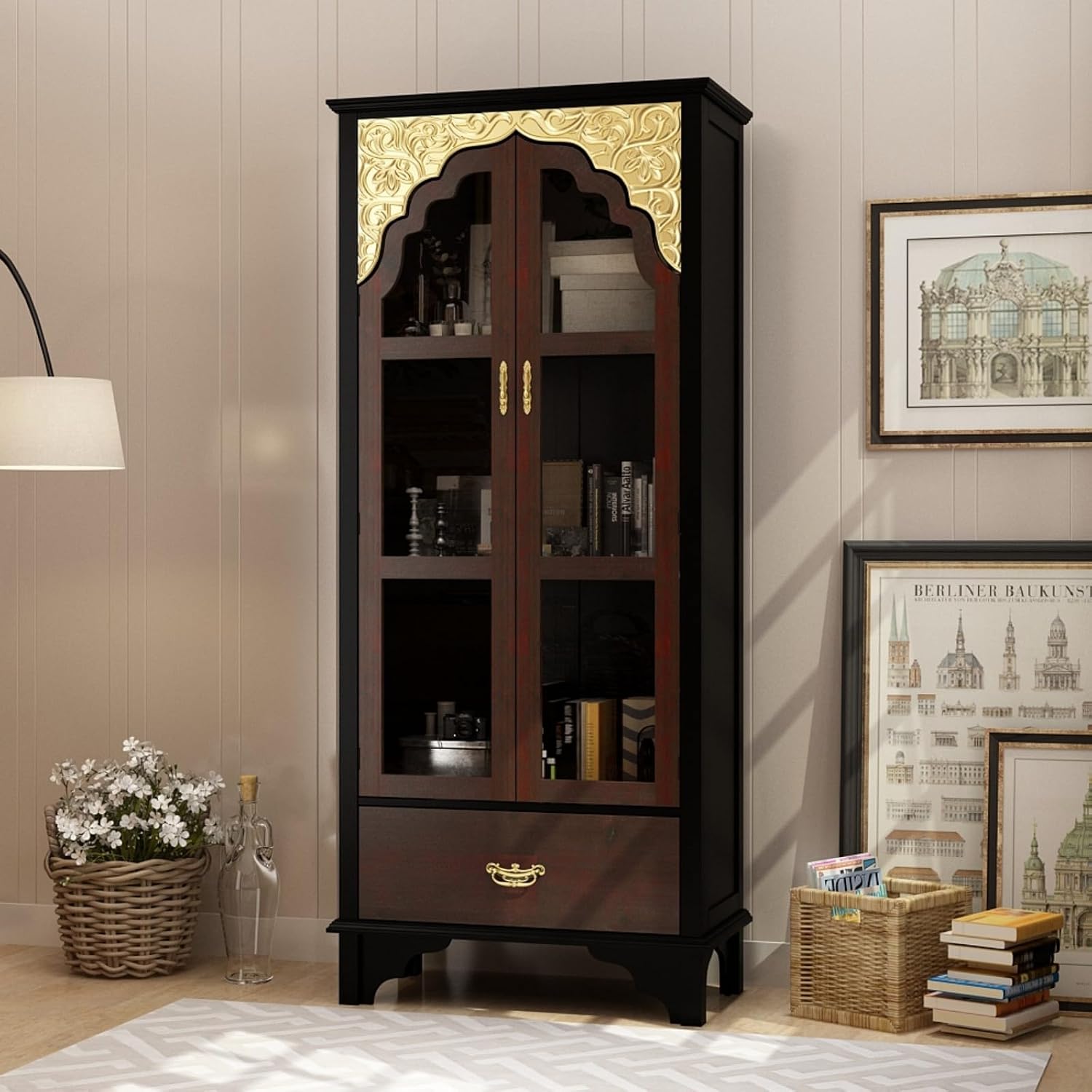 Carved Storage Cabinet with 2 Glass Doors & Drawer, Pooja Mandir with 3-Tier Shelves, Gold Accents, Decorative Cabinet Display Cabinets for Living Room Black and Brown(31.5'W x 15.7'D x 70.9'H)