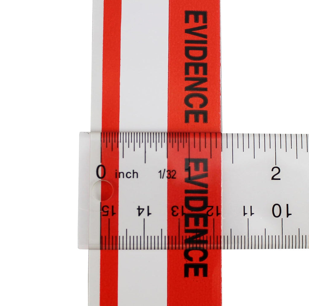 ChromaLabel 1.37 Inch Imprinted Evidence Tape Stickers, Tamper Evident Tape Crime Scene Decorations - 480 Inch Roll (13.33 Yards) with Dispenser Box, Red and White - Case of 10