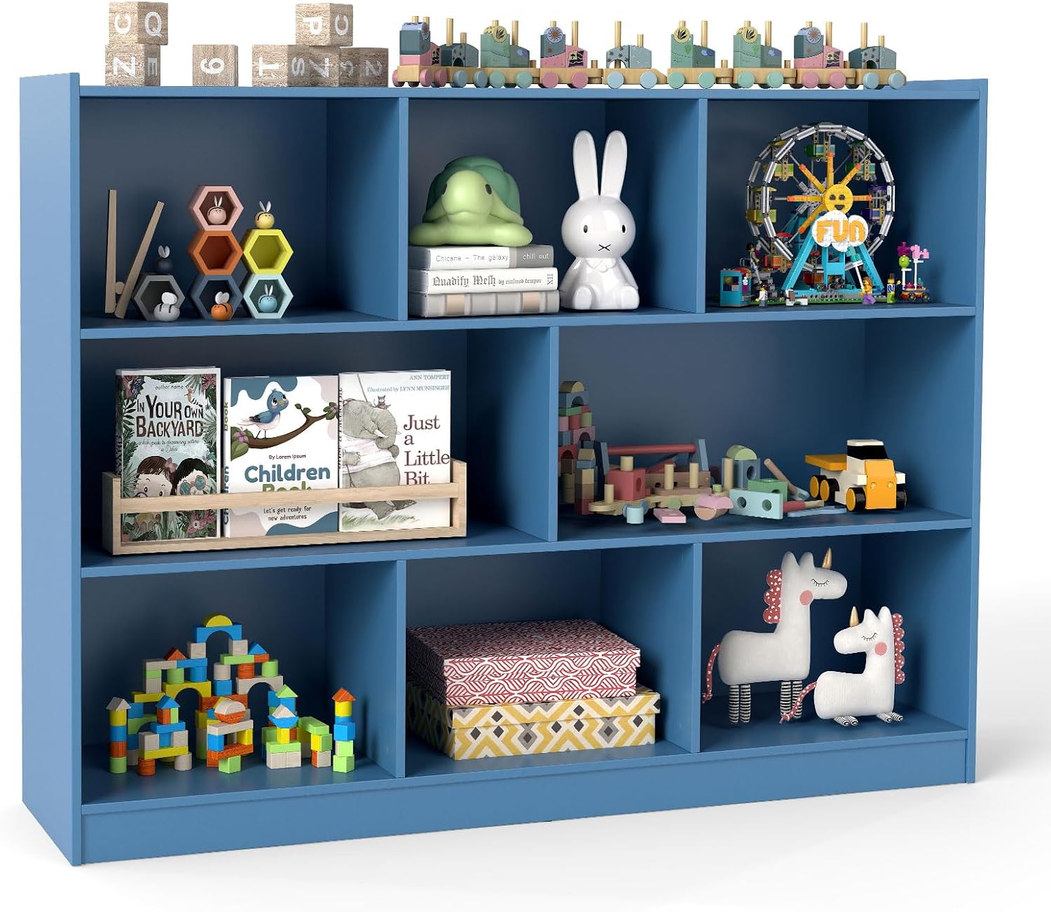 HONEY JOY Kids Toy Storage Organizer, 8-Section Storage Daycare Shelf for Preschool, Children 3-Tier Open Wooden Display Book Shelf Organizer for Classroom, Playroom & Nursery, Kindergarten (Blue)