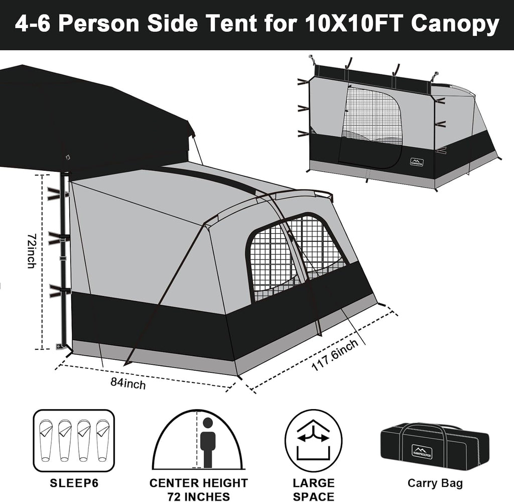 KAMPKEEPER Canopy Side Tent,4-6 Person Camping Cube Tent for 10x10 Pop Up Canopies,Easy Up Gazebo with Window,Compatible with 10' Wide Canopy Tents