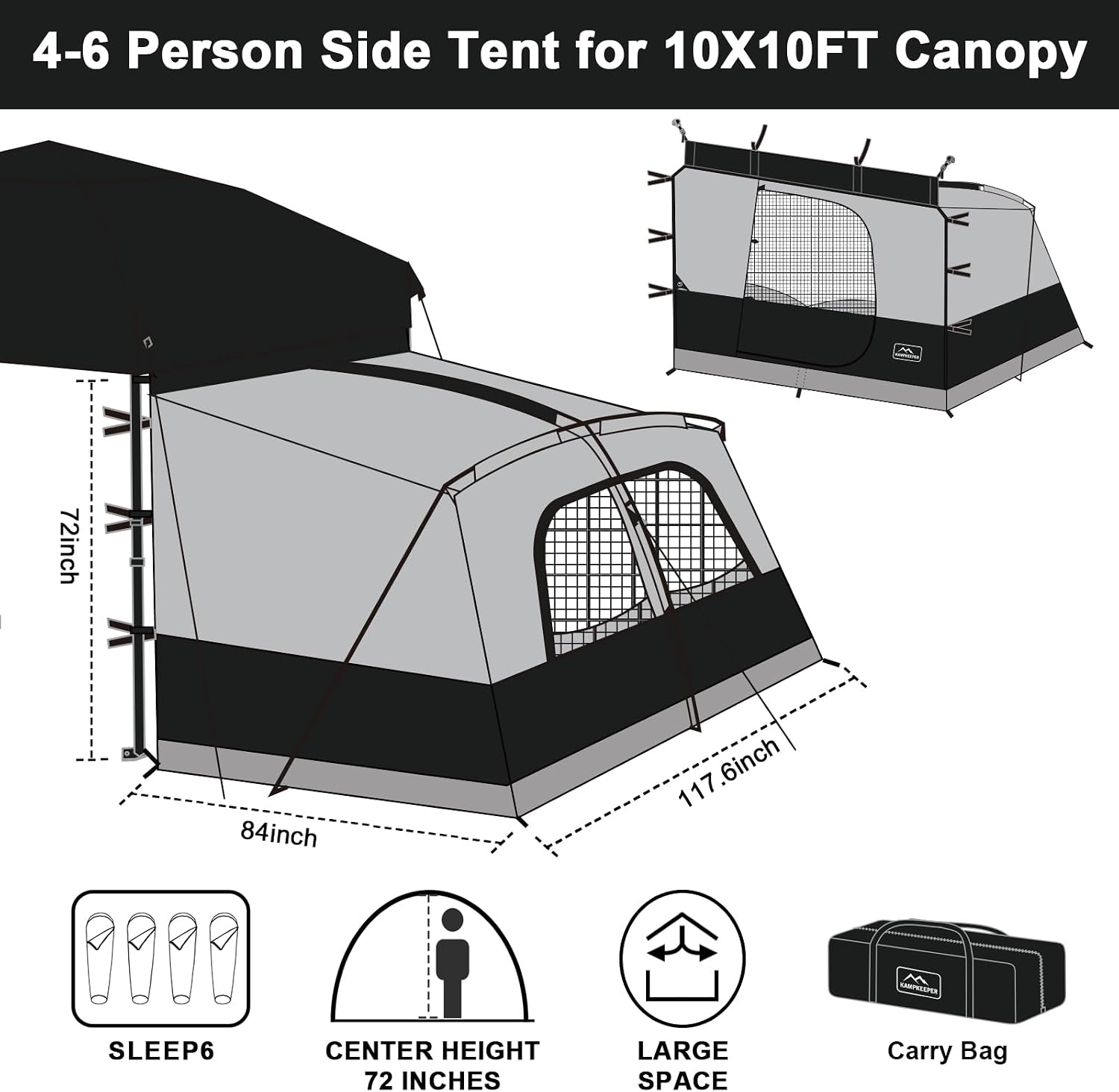 KAMPKEEPER Canopy Side Tent,4-6 Person Camping Cube Tent for 10x10 Pop Up Canopies,Easy Up Gazebo with Window,Compatible with 10' Wide Canopy Tents