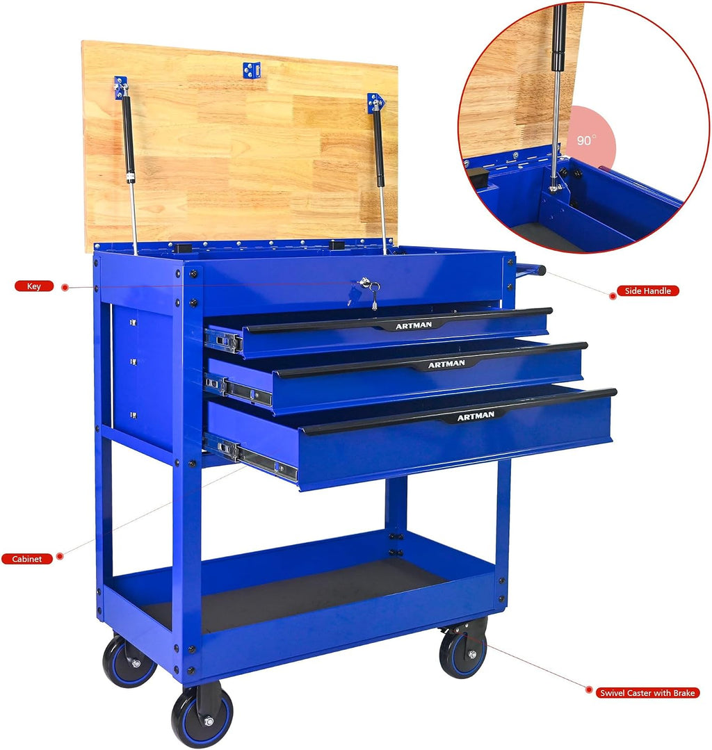 3-Drawer Rolling Tool Cart with Lift-Up Wooden Top, Heavy Duty Mobile Tool Cabinet with Secure Lock and Wheels, Multi-Functional Storage for Garage and Workshop