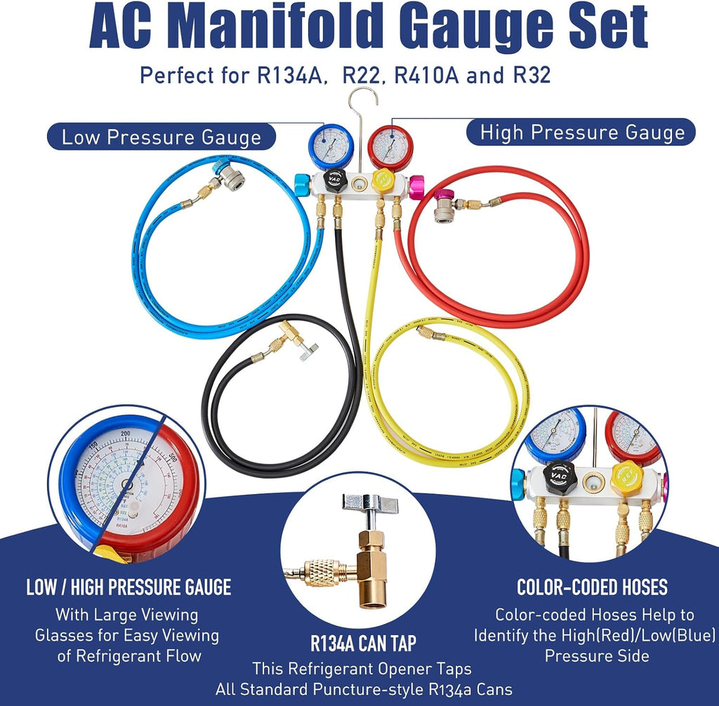 BACOENG R32 AC Vacuum Pump and Gauge Set, 5 CFM HVAC Vacuum Pump and 4-Way Manifold Gauge Kit for AUTO/Mini Split System, Sparkless Vacuum Pump for R32 R410a R134a R22 Refrigerants