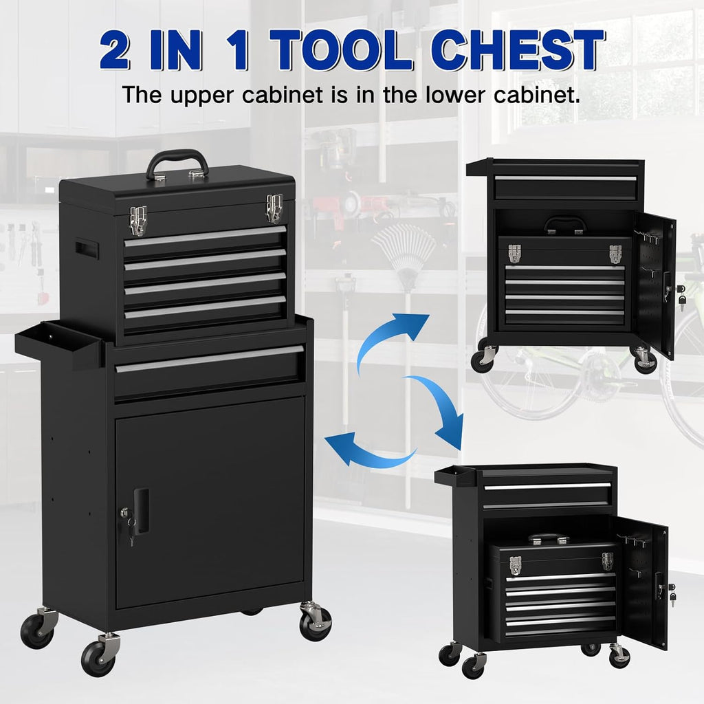 5 Drawer Tools Chest, Tool Cabinet with Universal Lockable Wheels，Tool Box with Detachable Top Box for Workshop(Black)