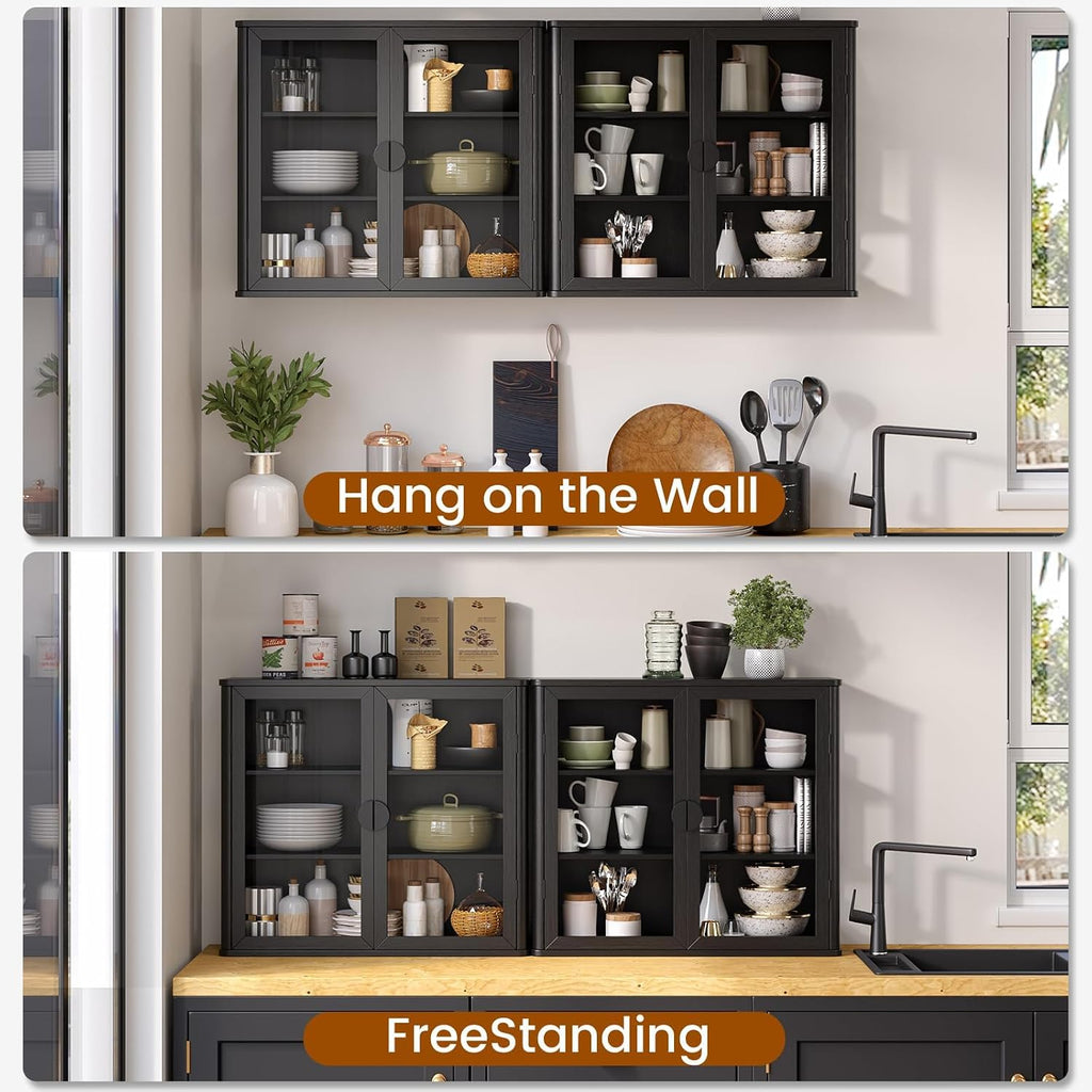 NEWOWNDS 56' Black Wall Storage Cabinets,Kitchen Wall Cabinets with Glass Doors,Over The Toilet Storage Cabinets with Tempered Glass, Upper cabinets for Launtry, Kitchen,Bathroom, 28 inch X 2PCS