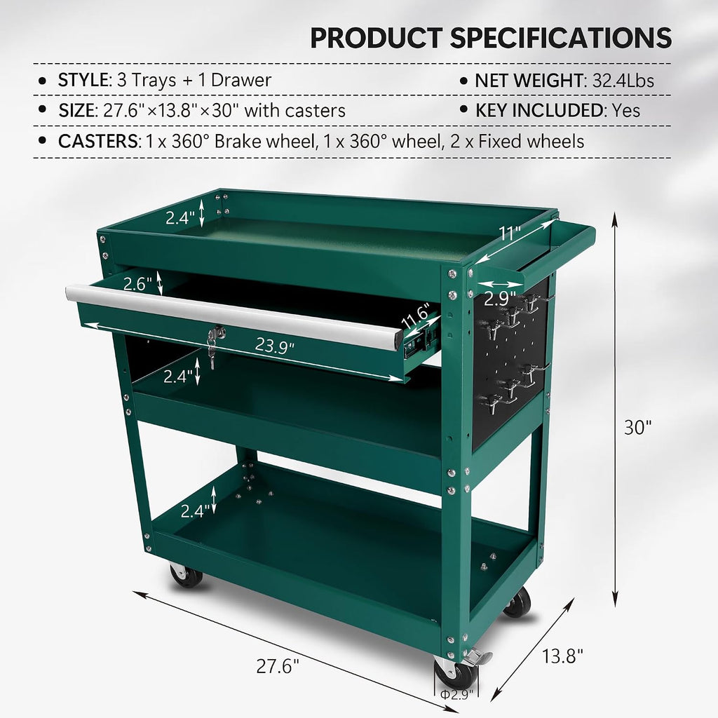 3 Tier Rolling Tool Cart, Heavy Duty Utility Cart Tool Organizer with Storage Drawer, Industrial Commercial Service Tool Cart for Mechanics, Garage, Warehouse & Repair Shop