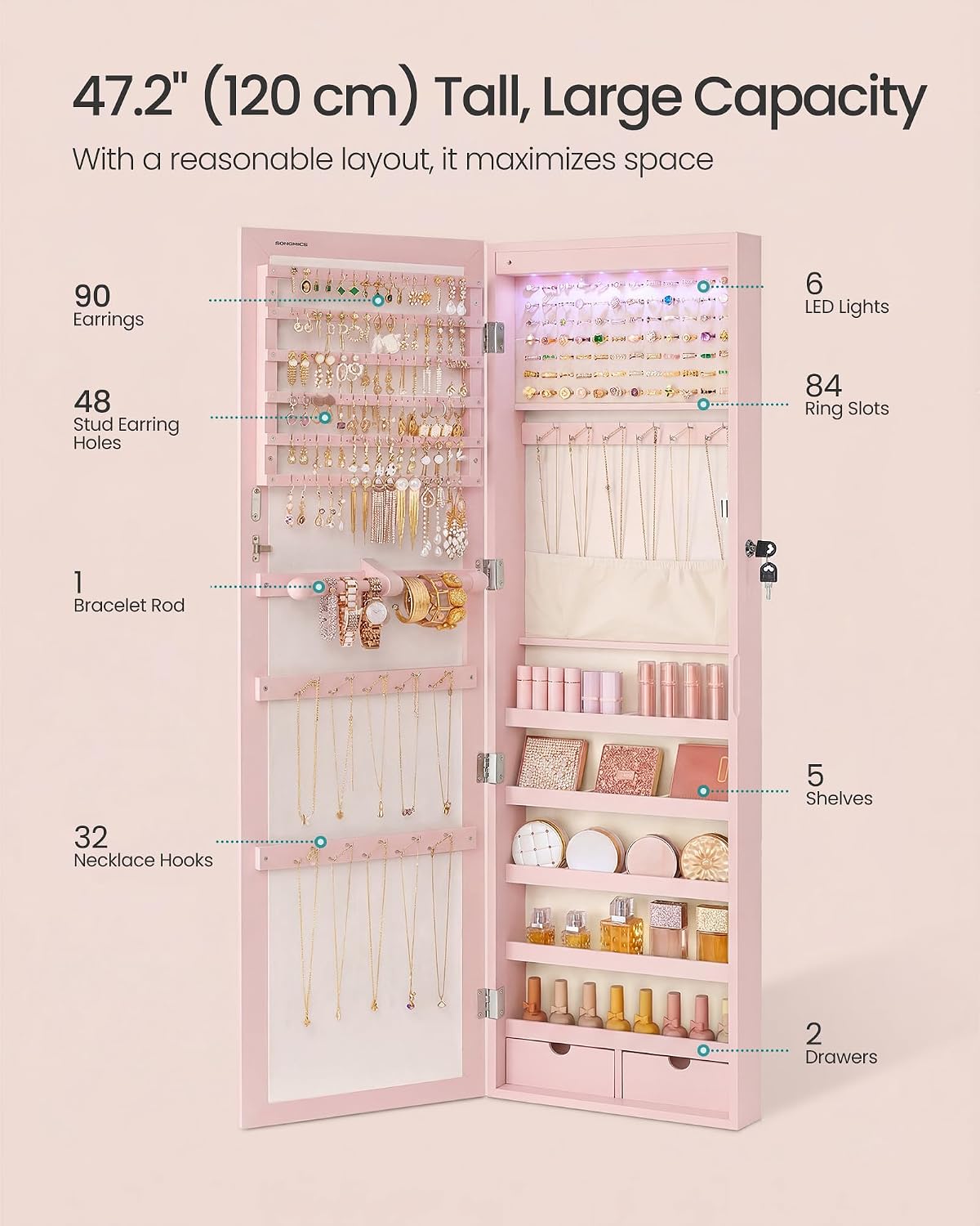 SONGMICS 6 LEDs Mirror Jewelry Cabinet, 47.2-Inch Tall Lockable Wall or Door Mounted Jewelry Armoire Organizer with Mirror, 2 Drawers, 3.9 x 14.6 x 47.2 Inches, Jelly Pink UJJC093SA02S