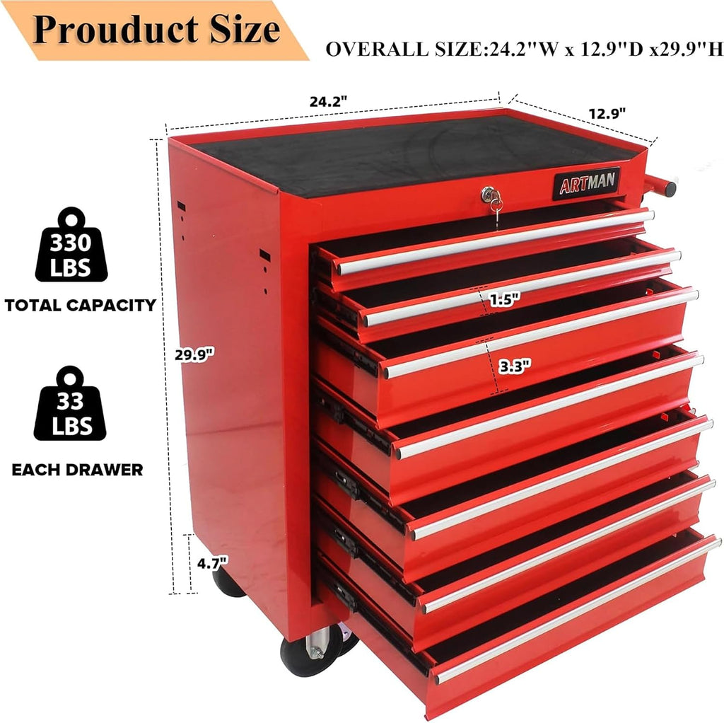 7-Drawer Metal Rolling Tool Cart on Wheels,Tool Storage Cabinet With Locking System,Multifunctional Tool Box Tool Chest with Wheels for Garage, Warehouse,Repair Shop,Workshop (Red)